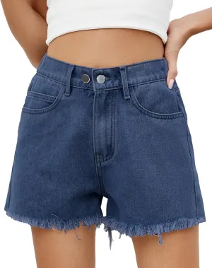 Women's High Waist Jean Shorts Casual Frayed Raw Hem Denim Shorts Elastic Waist with Buttons Summer Juniors Shorts