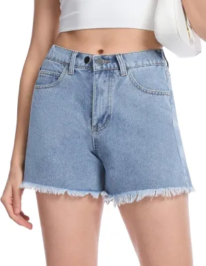 Women's High Waist Jean Shorts Casual Frayed Raw Hem Denim Shorts Elastic Waist with Buttons Summer Juniors Shorts