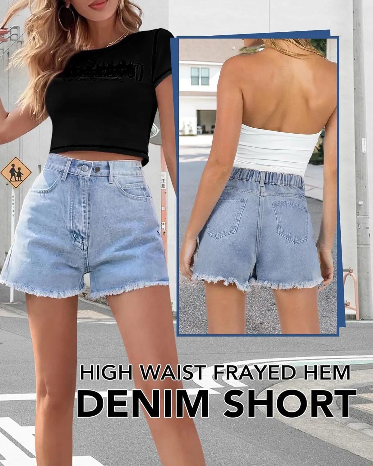 Women's High Waist Jean Shorts Casual Frayed Raw Hem Denim Shorts Elastic Waist with Buttons Summer Juniors Shorts