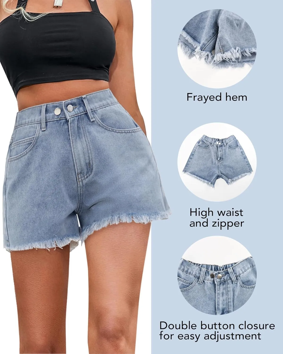 Women's High Waist Jean Shorts Casual Frayed Raw Hem Denim Shorts Elastic Waist with Buttons Summer Juniors Shorts