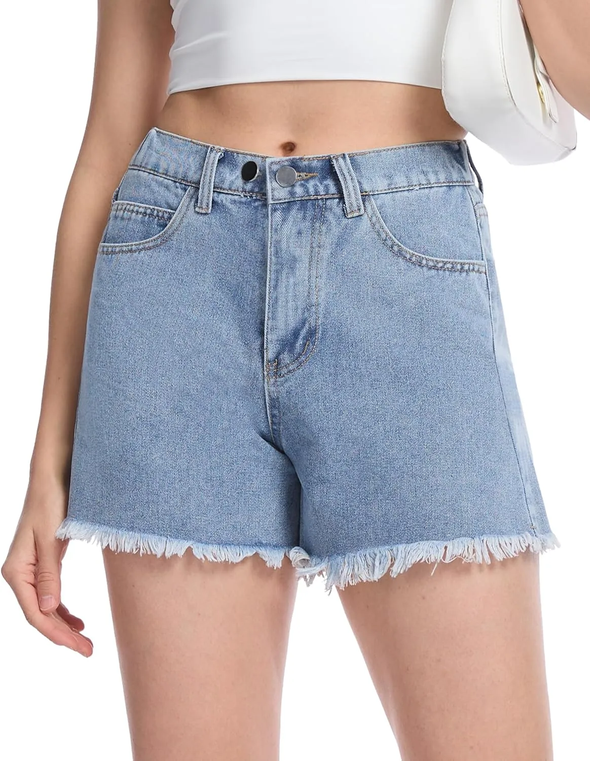 Women's High Waist Jean Shorts Casual Frayed Raw Hem Denim Shorts Elastic Waist with Buttons Summer Juniors Shorts