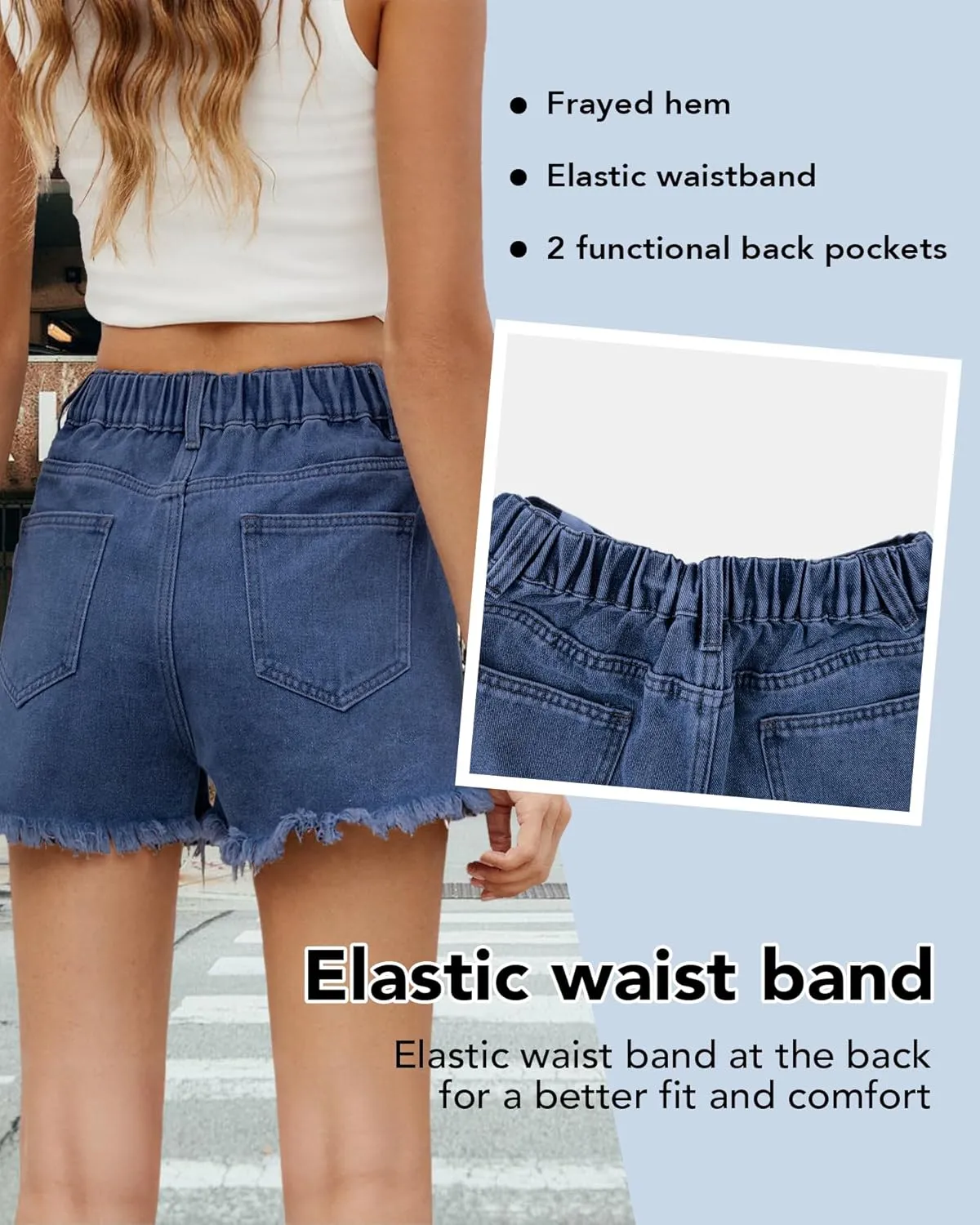 Women's High Waist Jean Shorts Casual Frayed Raw Hem Denim Shorts Elastic Waist with Buttons Summer Juniors Shorts