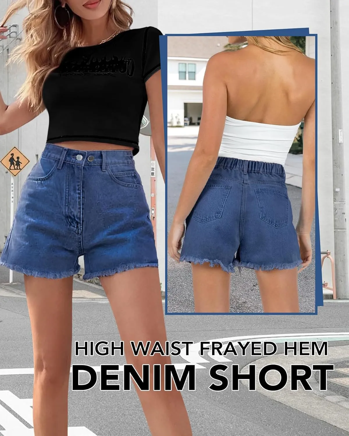 Women's High Waist Jean Shorts Casual Frayed Raw Hem Denim Shorts Elastic Waist with Buttons Summer Juniors Shorts