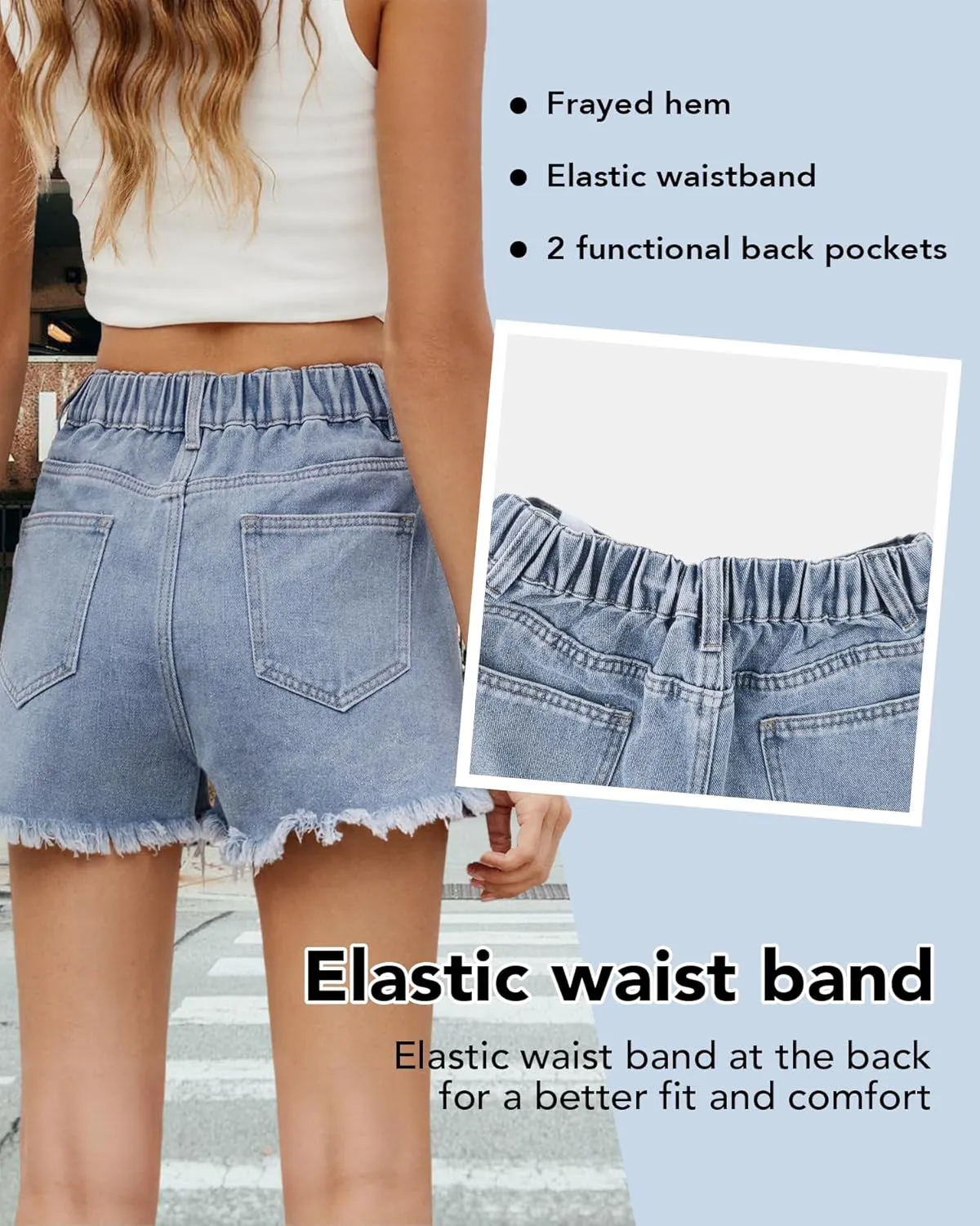 Women's High Waist Jean Shorts Casual Frayed Raw Hem Denim Shorts Elastic Waist with Buttons Summer Juniors Shorts