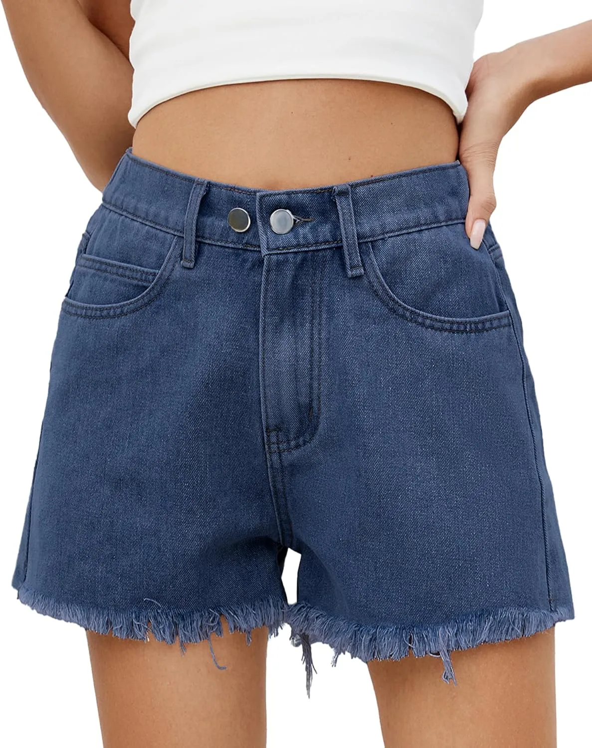 Women's High Waist Jean Shorts Casual Frayed Raw Hem Denim Shorts Elastic Waist with Buttons Summer Juniors Shorts