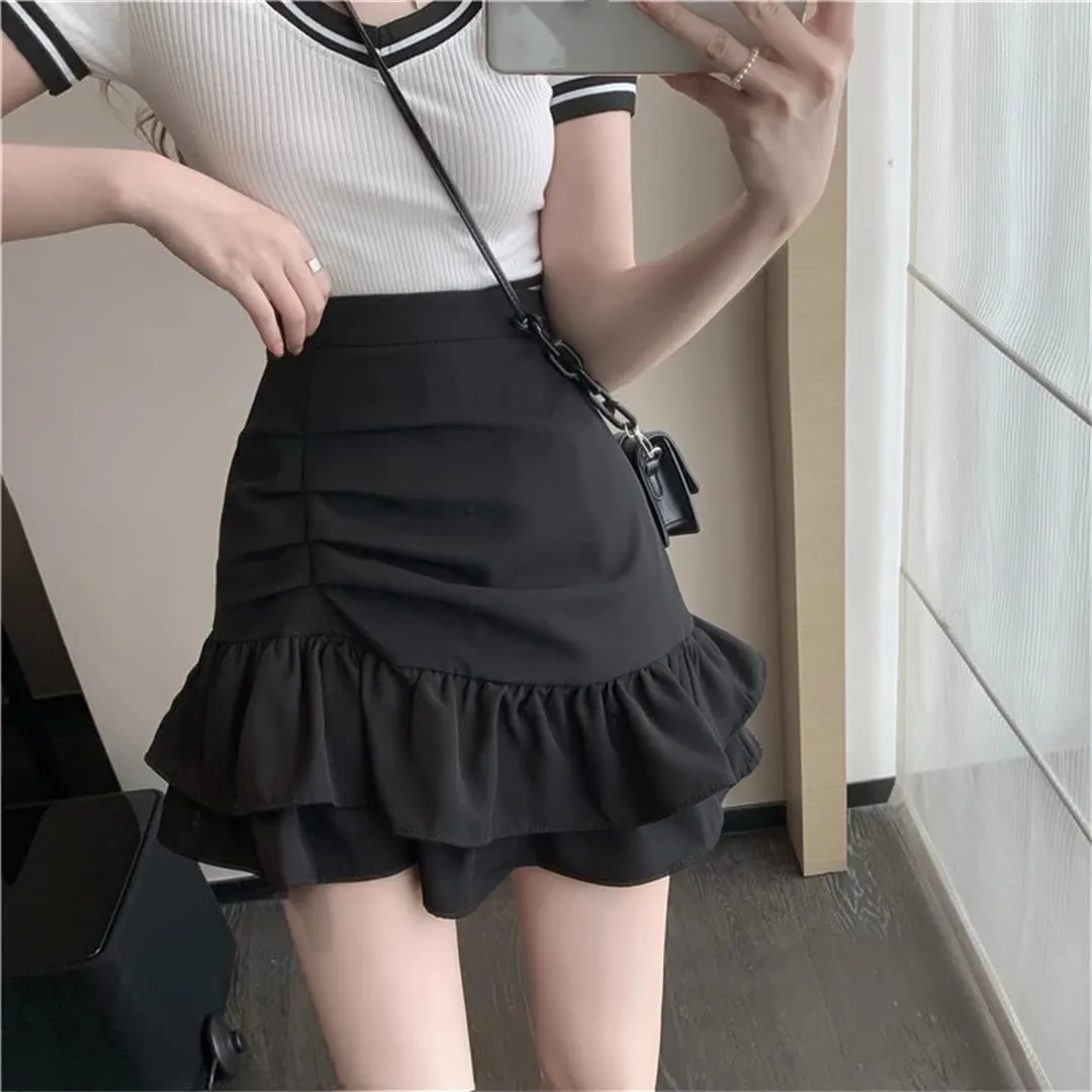 Women's High Waist Ruffled Pleated Slim Skirt Summer Irregular A-Line Cake Mini Skirt