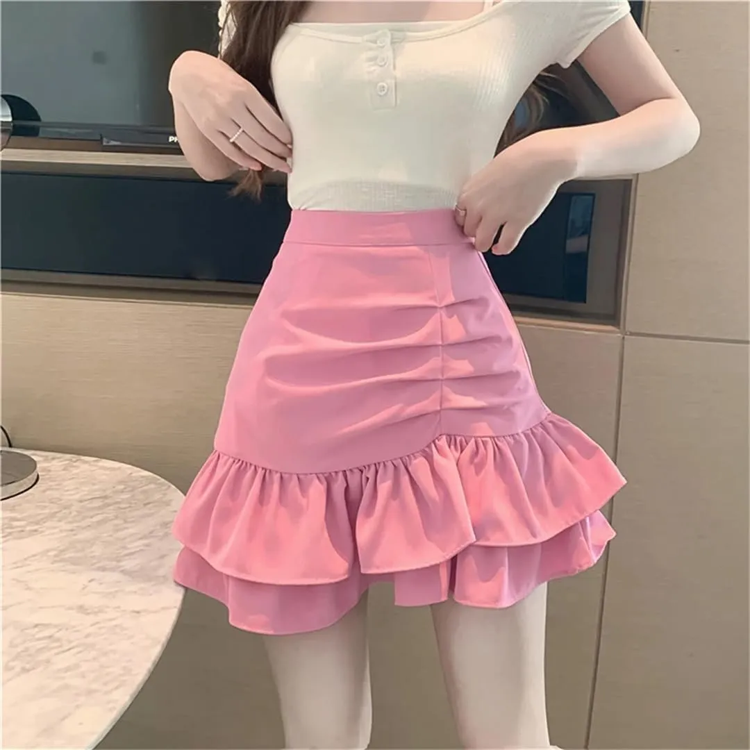 Women's High Waist Ruffled Pleated Slim Skirt Summer Irregular A-Line Cake Mini Skirt