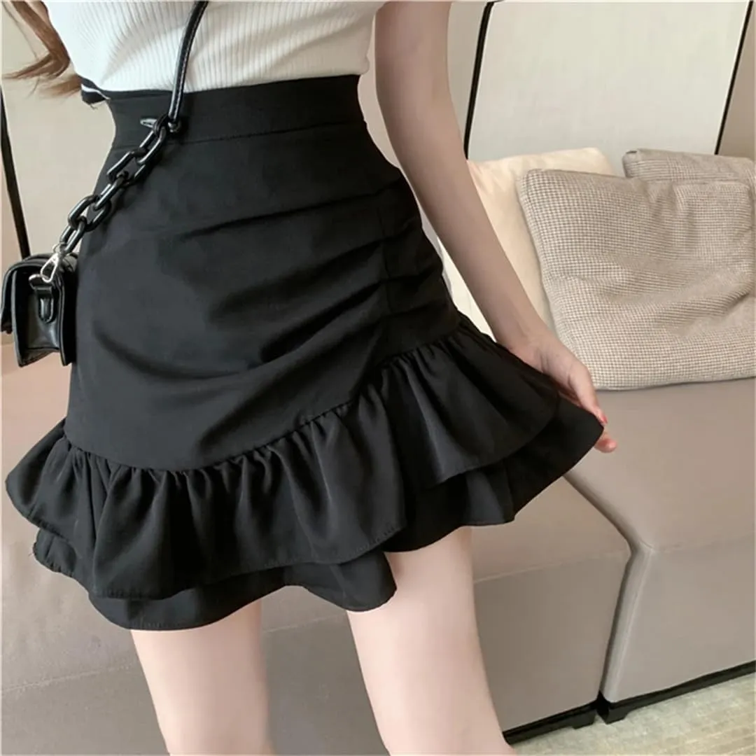 Women's High Waist Ruffled Pleated Slim Skirt Summer Irregular A-Line Cake Mini Skirt