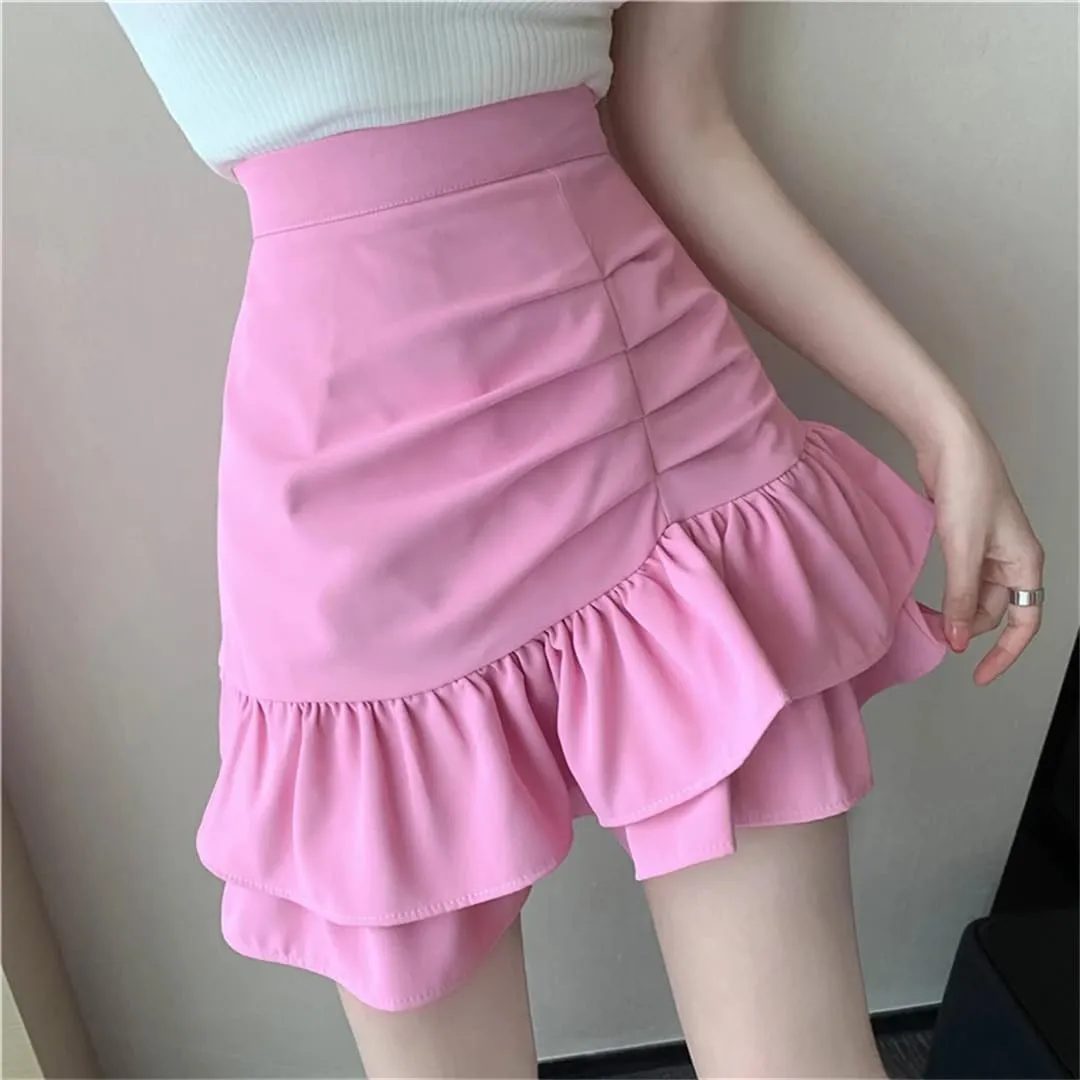 Women's High Waist Ruffled Pleated Slim Skirt Summer Irregular A-Line Cake Mini Skirt