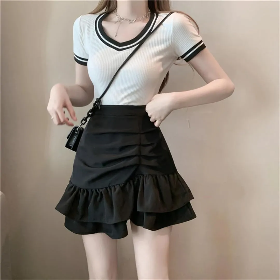 Women's High Waist Ruffled Pleated Slim Skirt Summer Irregular A-Line Cake Mini Skirt