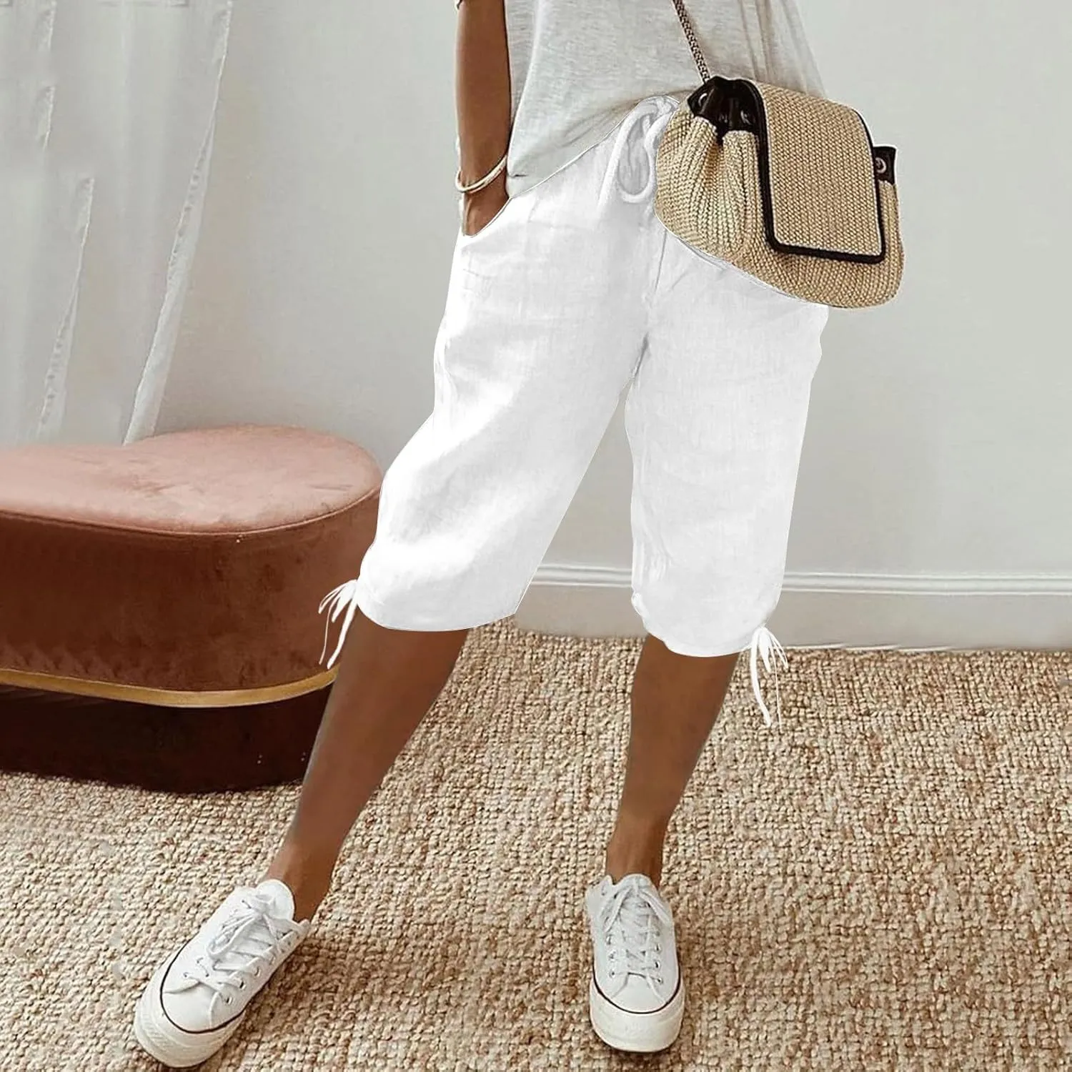 Women's High Waist Shorts Women's Elastic Waist Casual Comfy Cotton Beach Shorts Drawstring Elastic Waist Short
