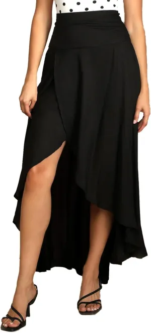 Womens High Waist Wrap Boho Maxi Skirt with Slit Flowy Pleated High Low Long Skirt