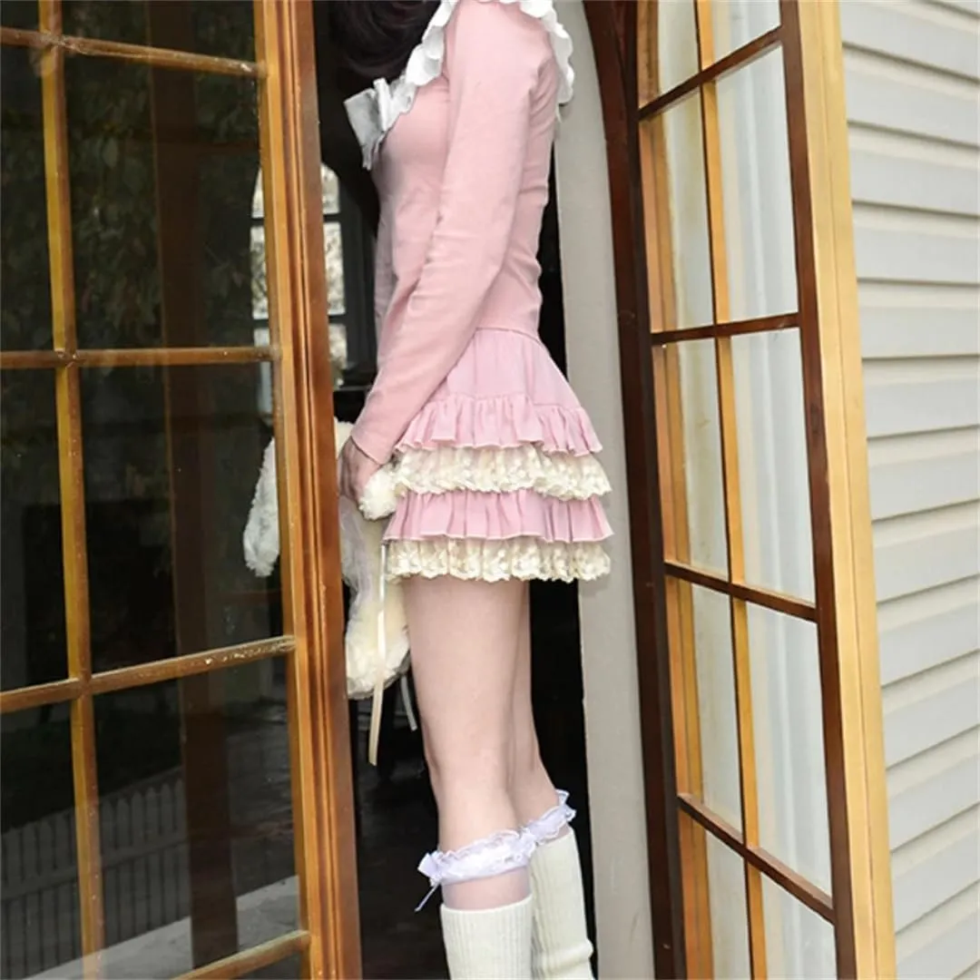 Women's Japanese Kawaii Lace Skirt Patchwork Bow Tie Pleated Cute Mini Skirt Summer Skirt