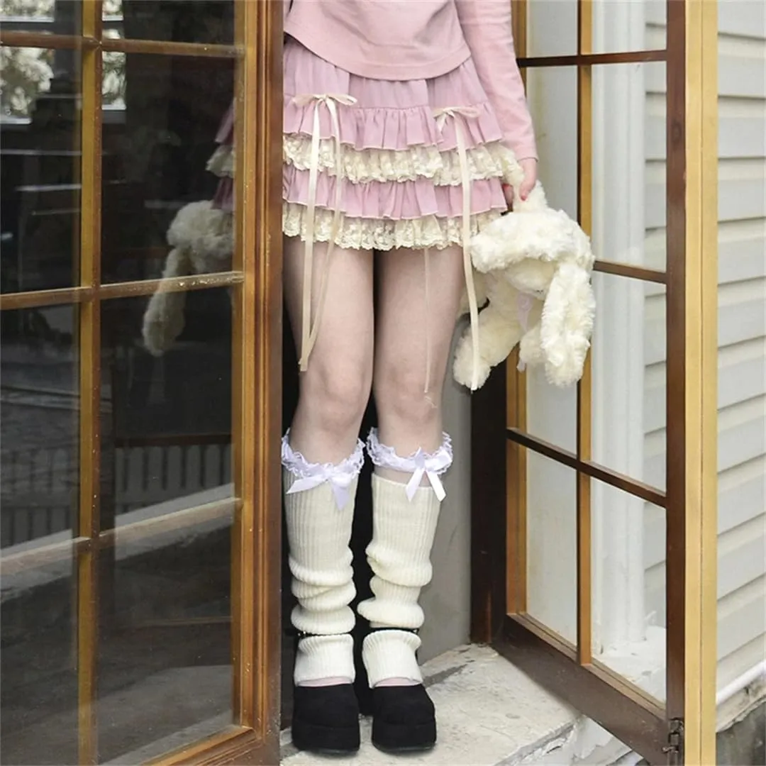 Women's Japanese Kawaii Lace Skirt Patchwork Bow Tie Pleated Cute Mini Skirt Summer Skirt