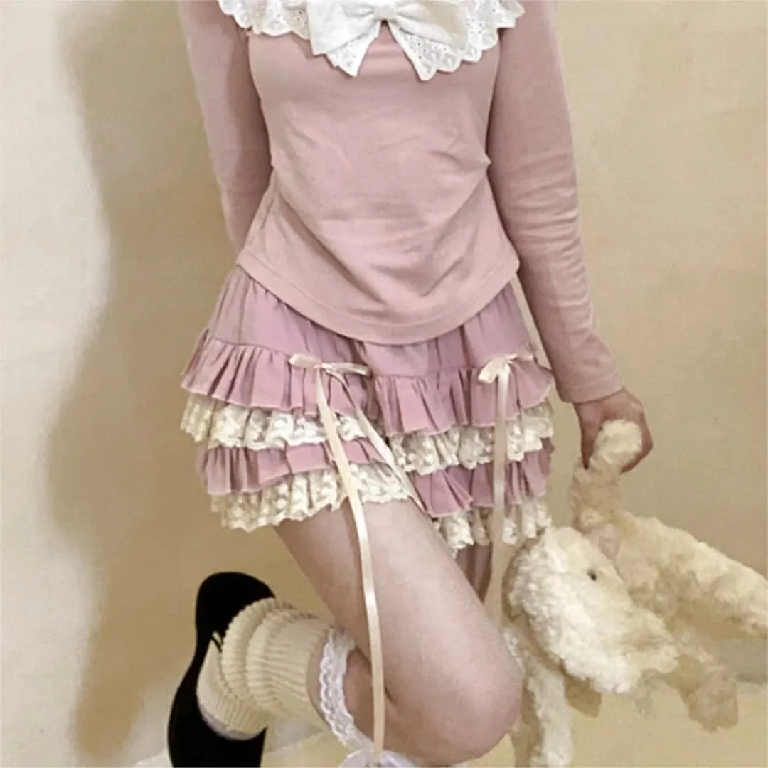 Women's Japanese Kawaii Lace Skirt Patchwork Bow Tie Pleated Cute Mini Skirt Summer Skirt