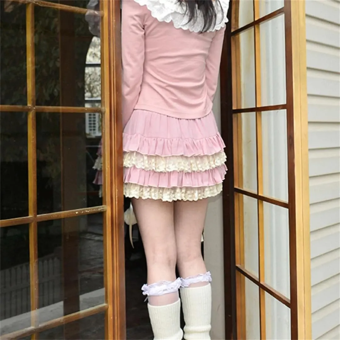 Women's Japanese Kawaii Lace Skirt Patchwork Bow Tie Pleated Cute Mini Skirt Summer Skirt