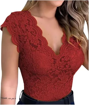 Women's Lace Tank Tops Sleeveless Deep V-Neck Summer Sexy Casual Scalloped Trim Slim Fit Tunic Blouse Tee Shirt