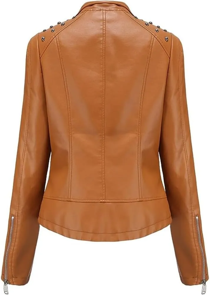 Women's Light Studded Shoulder Genuine Sheepskin Moto Biker Faux Leather Jacket Rivet Crossover Asymmetric Slim Lady Coat