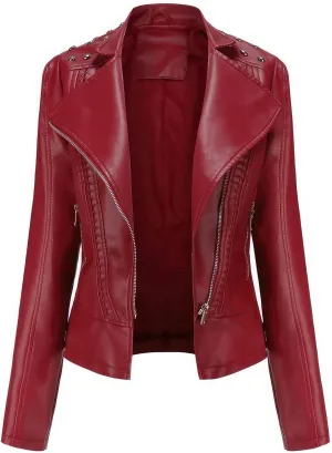 Women's Light Studded Shoulder Genuine Sheepskin Moto Biker Faux Leather Jacket Rivet Crossover Asymmetric Slim Lady Coat