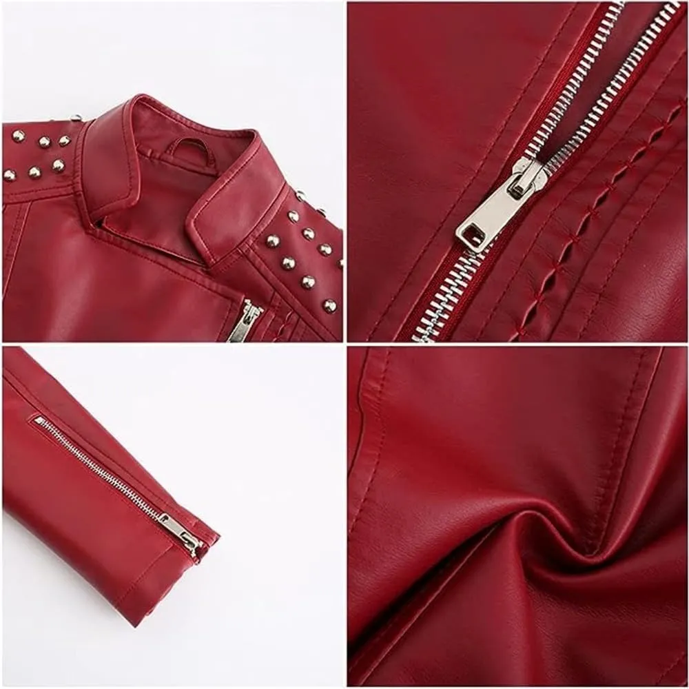 Women's Light Studded Shoulder Genuine Sheepskin Moto Biker Faux Leather Jacket Rivet Crossover Asymmetric Slim Lady Coat