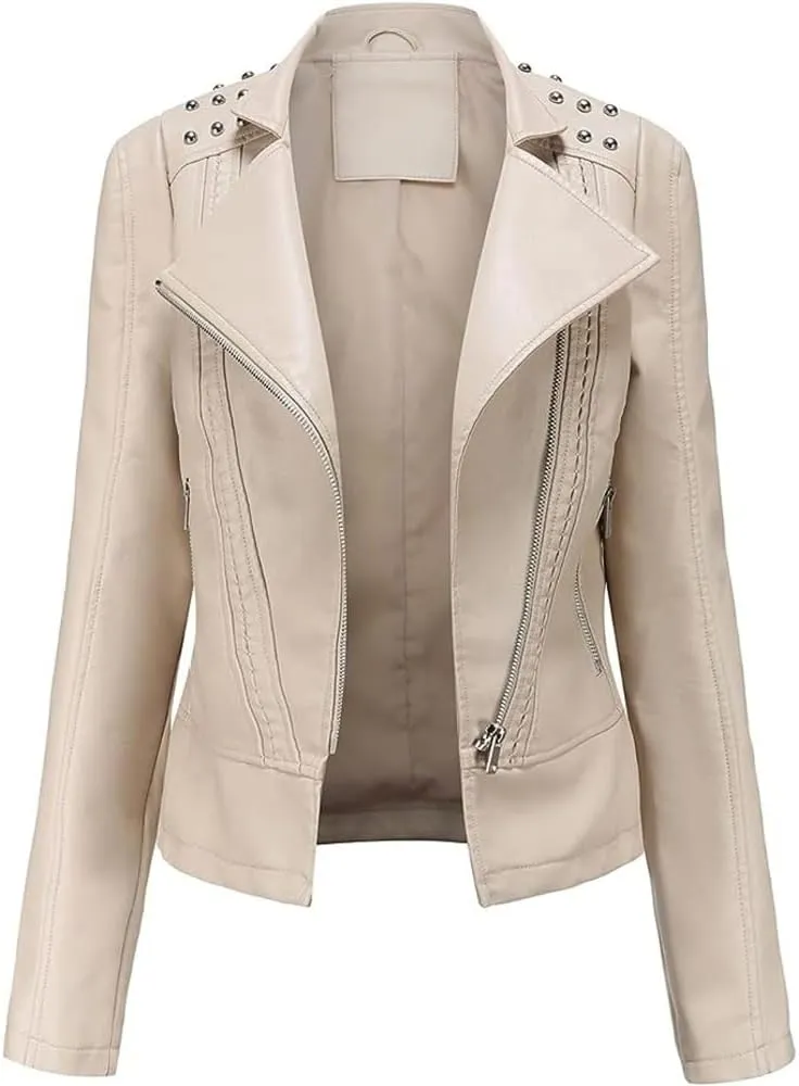 Women's Light Studded Shoulder Genuine Sheepskin Moto Biker Faux Leather Jacket Rivet Crossover Asymmetric Slim Lady Coat