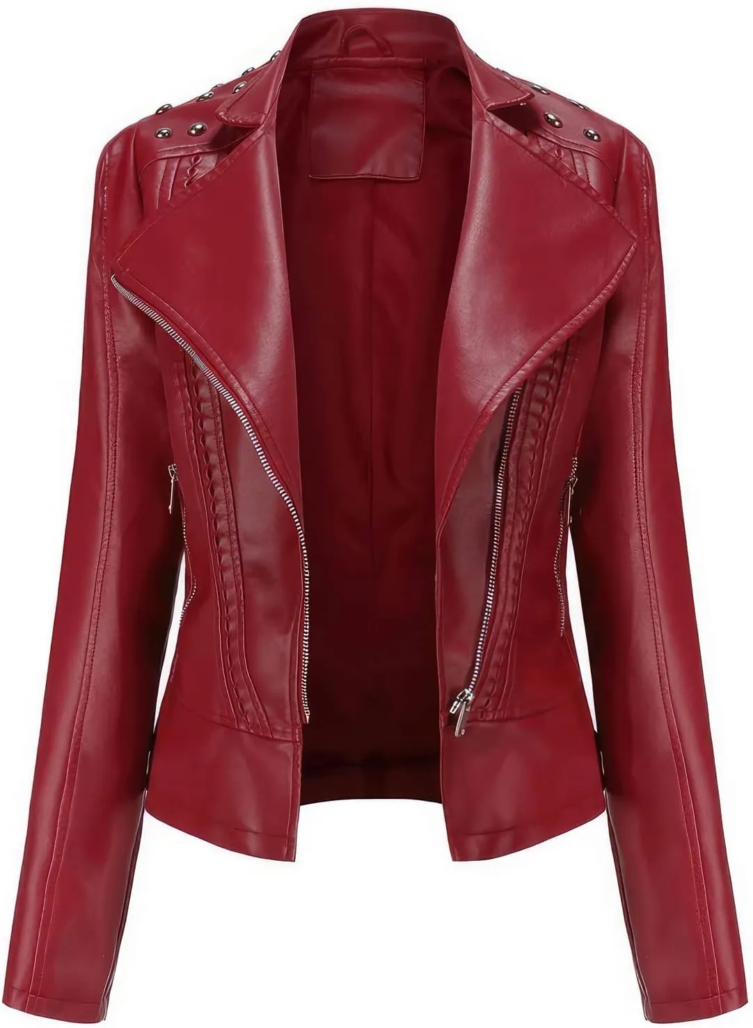 Women's Light Studded Shoulder Genuine Sheepskin Moto Biker Faux Leather Jacket Rivet Crossover Asymmetric Slim Lady Coat