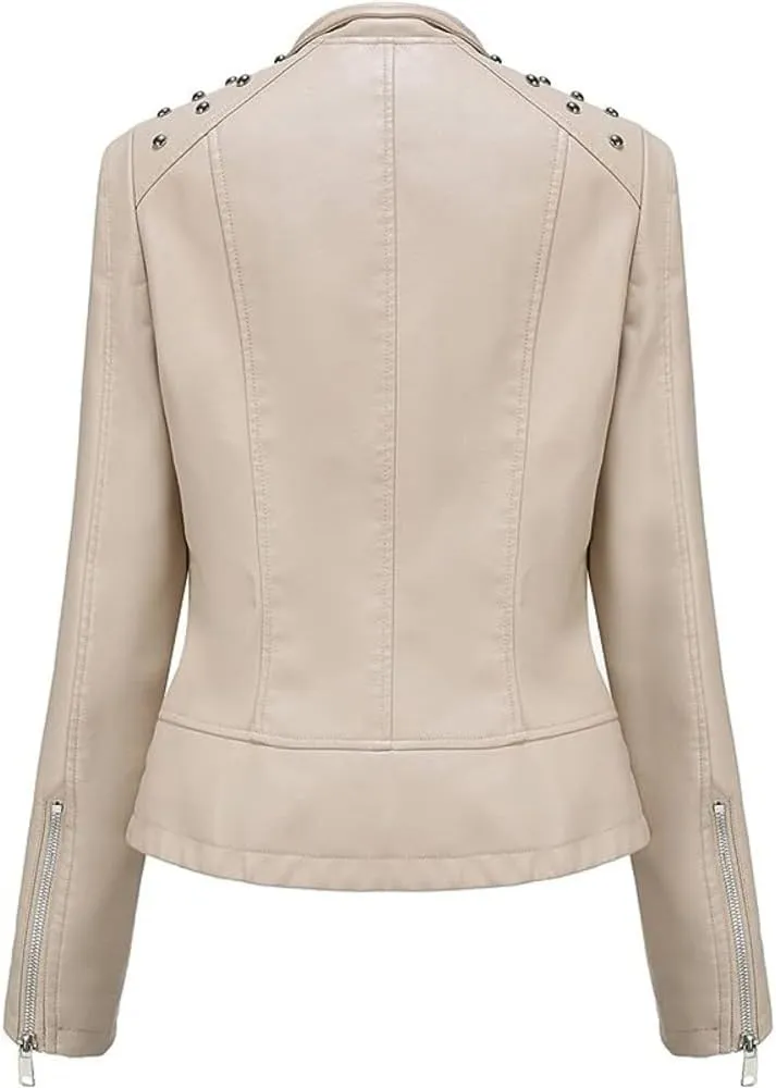 Women's Light Studded Shoulder Genuine Sheepskin Moto Biker Faux Leather Jacket Rivet Crossover Asymmetric Slim Lady Coat