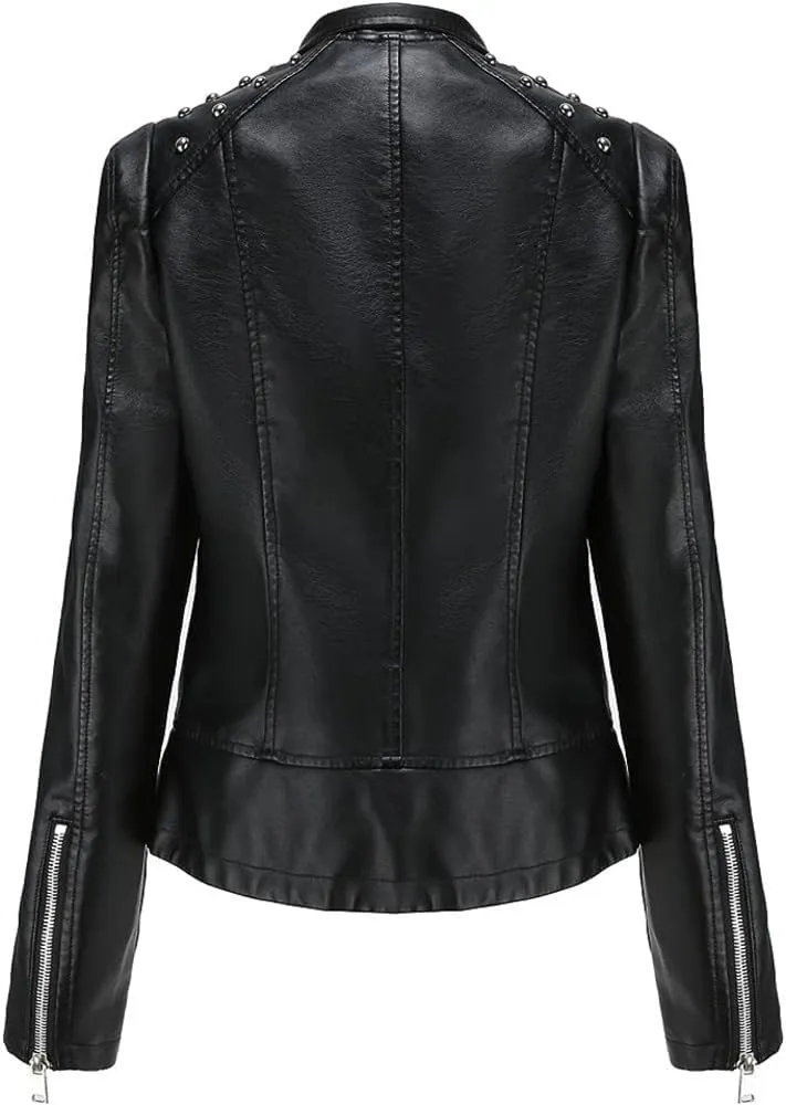 Women's Light Studded Shoulder Genuine Sheepskin Moto Biker Faux Leather Jacket Rivet Crossover Asymmetric Slim Lady Coat