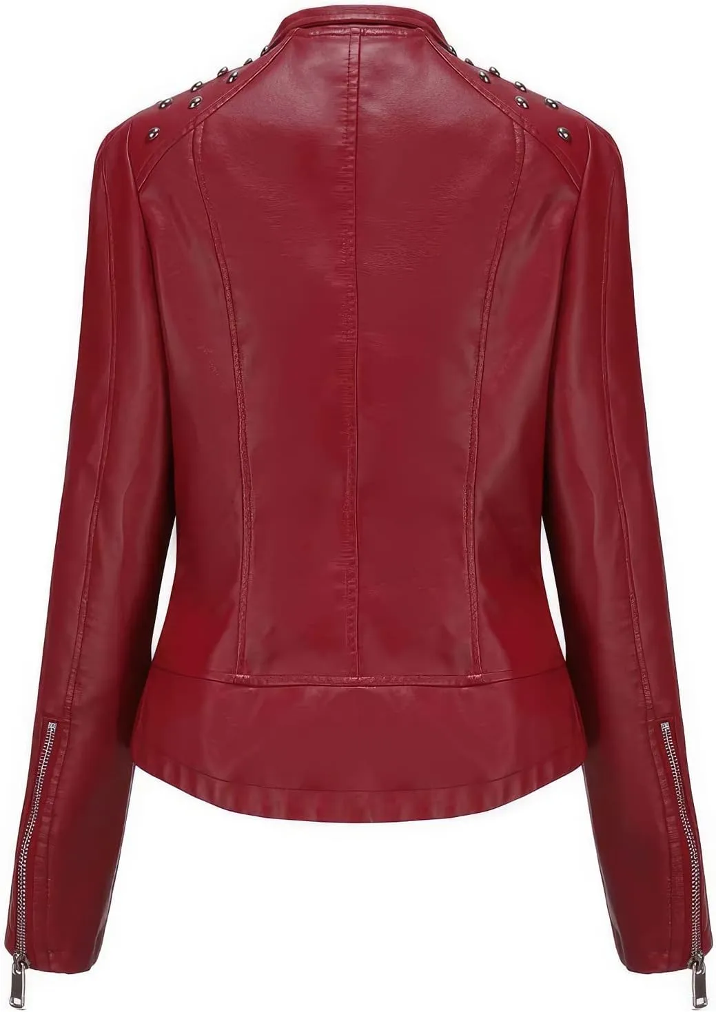 Women's Light Studded Shoulder Genuine Sheepskin Moto Biker Faux Leather Jacket Rivet Crossover Asymmetric Slim Lady Coat