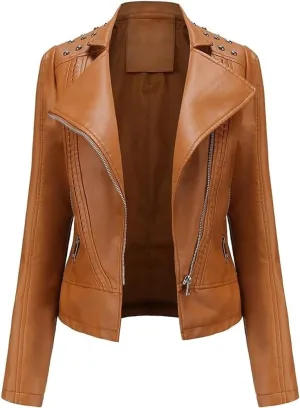Women's Light Studded Shoulder Genuine Sheepskin Moto Biker Faux Leather Jacket Rivet Crossover Asymmetric Slim Lady Coat