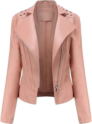 Women's Light Studded Shoulder Genuine Sheepskin Moto Biker Faux Leather Jacket Rivet Crossover Asymmetric Slim Lady Coat