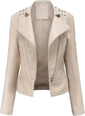 Women's Light Studded Shoulder Genuine Sheepskin Moto Biker Faux Leather Jacket Rivet Crossover Asymmetric Slim Lady Coat