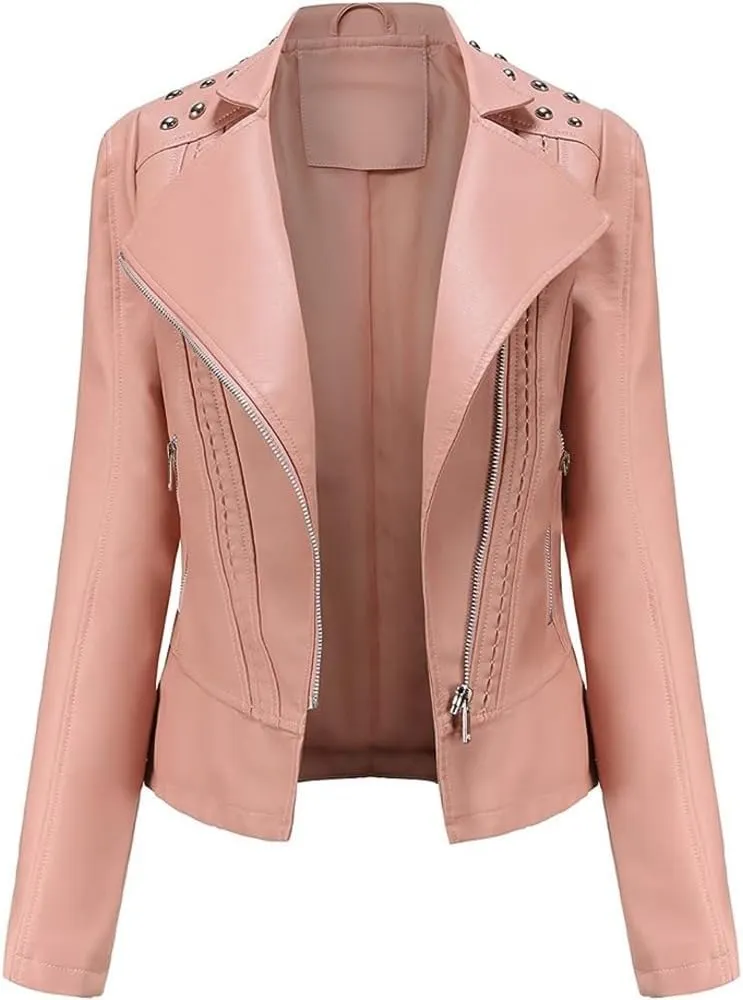 Women's Light Studded Shoulder Genuine Sheepskin Moto Biker Faux Leather Jacket Rivet Crossover Asymmetric Slim Lady Coat