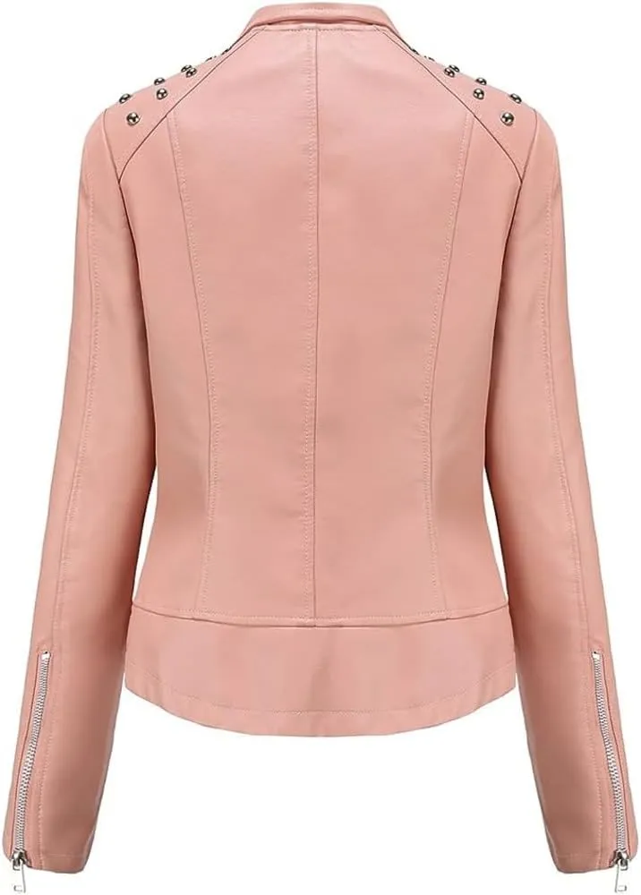 Women's Light Studded Shoulder Genuine Sheepskin Moto Biker Faux Leather Jacket Rivet Crossover Asymmetric Slim Lady Coat