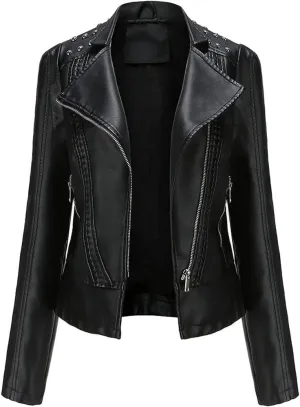 Women's Light Studded Shoulder Genuine Sheepskin Moto Biker Faux Leather Jacket Rivet Crossover Asymmetric Slim Lady Coat