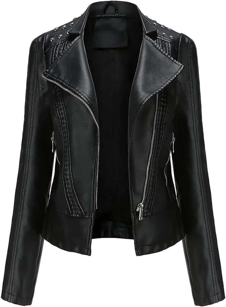 Women's Light Studded Shoulder Genuine Sheepskin Moto Biker Faux Leather Jacket Rivet Crossover Asymmetric Slim Lady Coat