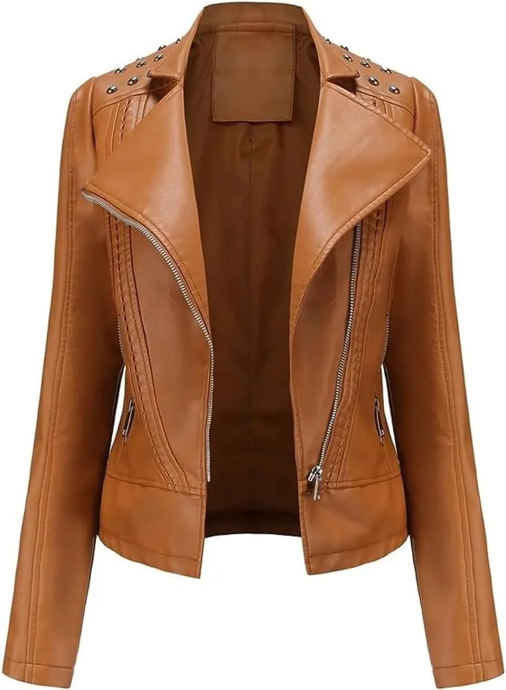 Women's Light Studded Shoulder Genuine Sheepskin Moto Biker Faux Leather Jacket Rivet Crossover Asymmetric Slim Lady Coat