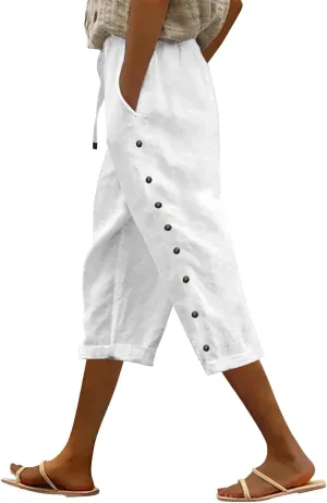 Women's Linen Capri Pants Cotton Linen Elastic Seven Pants Beach Casual Pants Linen Lightweight Loose Trousers Linen