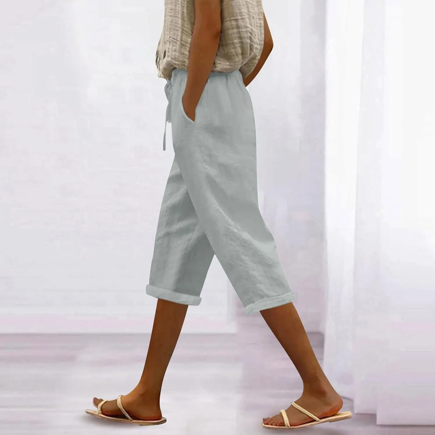 Women's Linen Capri Pants Cotton Linen Elastic Seven Pants Beach Casual Pants Linen Lightweight Loose Trousers Linen