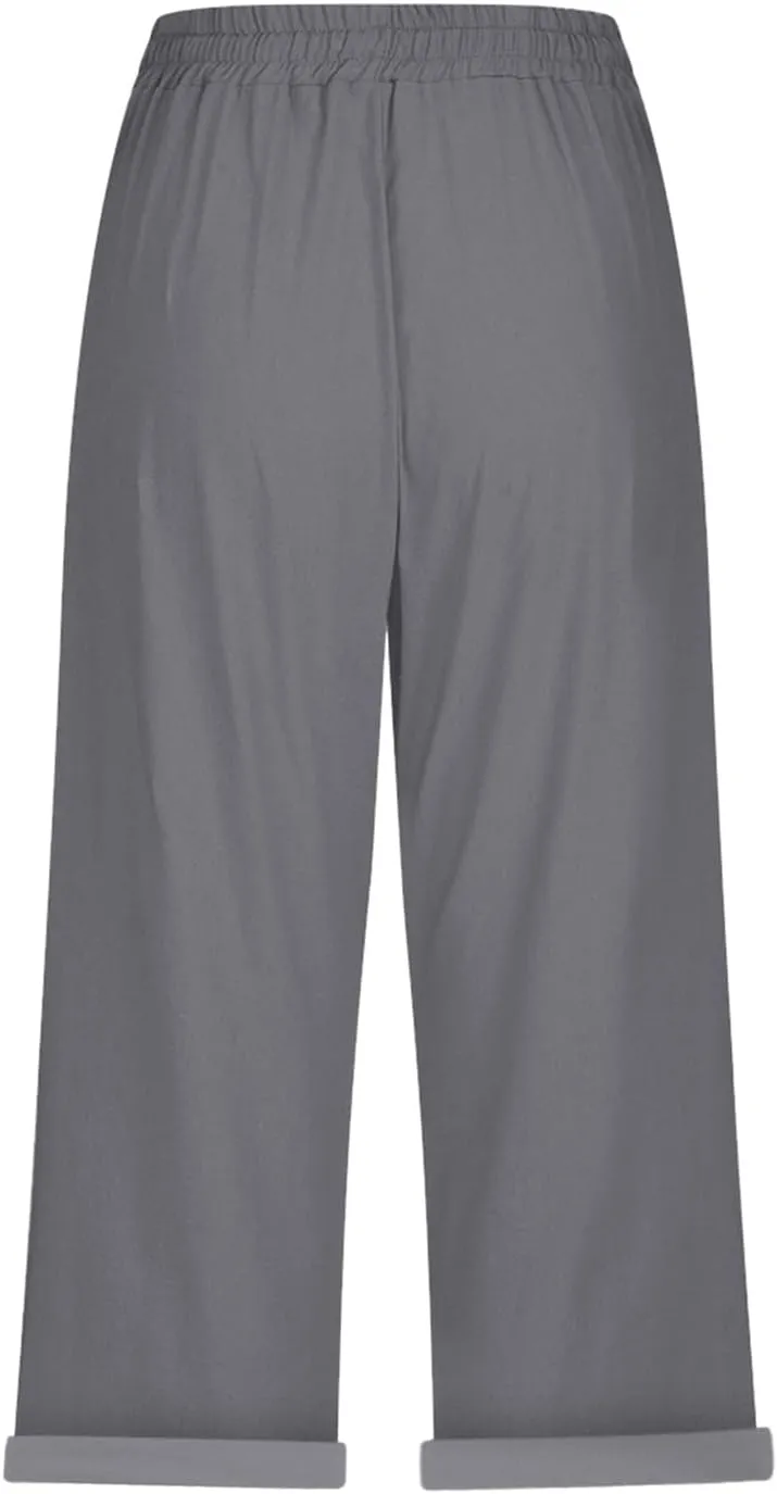 Women's Linen Capri Pants Cotton Linen Elastic Seven Pants Beach Casual Pants Linen Lightweight Loose Trousers Linen