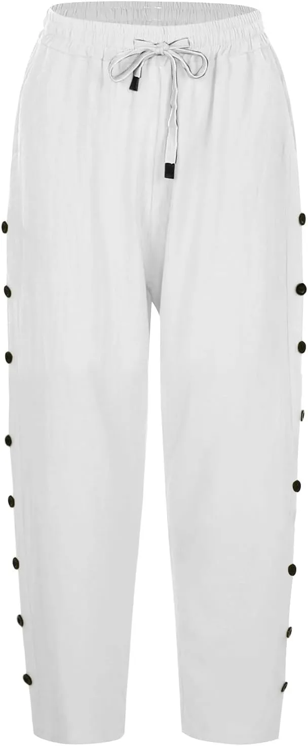 Women's Linen Capri Pants Cotton Linen Elastic Seven Pants Beach Casual Pants Linen Lightweight Loose Trousers Linen