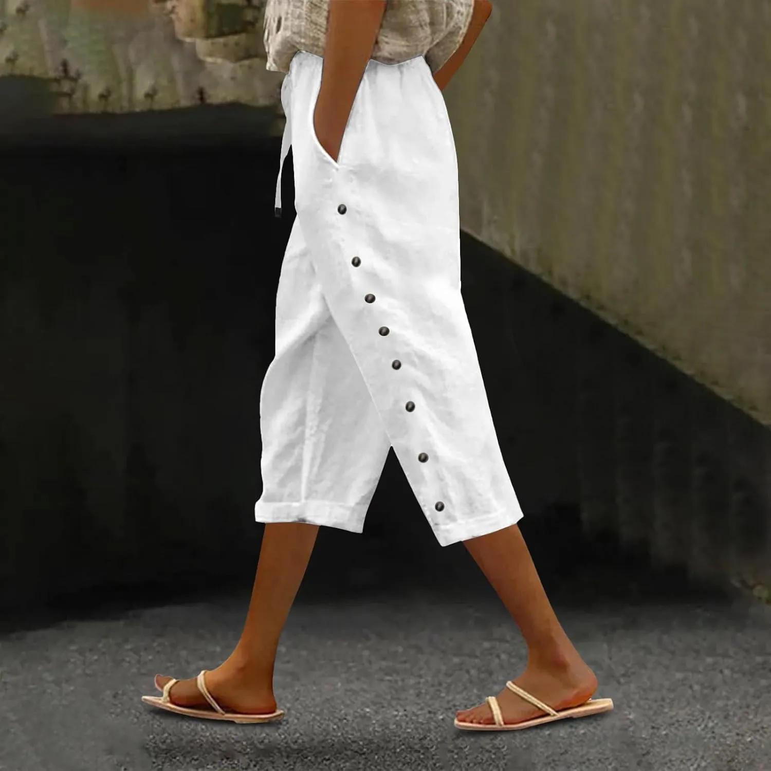 Women's Linen Capri Pants Cotton Linen Elastic Seven Pants Beach Casual Pants Linen Lightweight Loose Trousers Linen