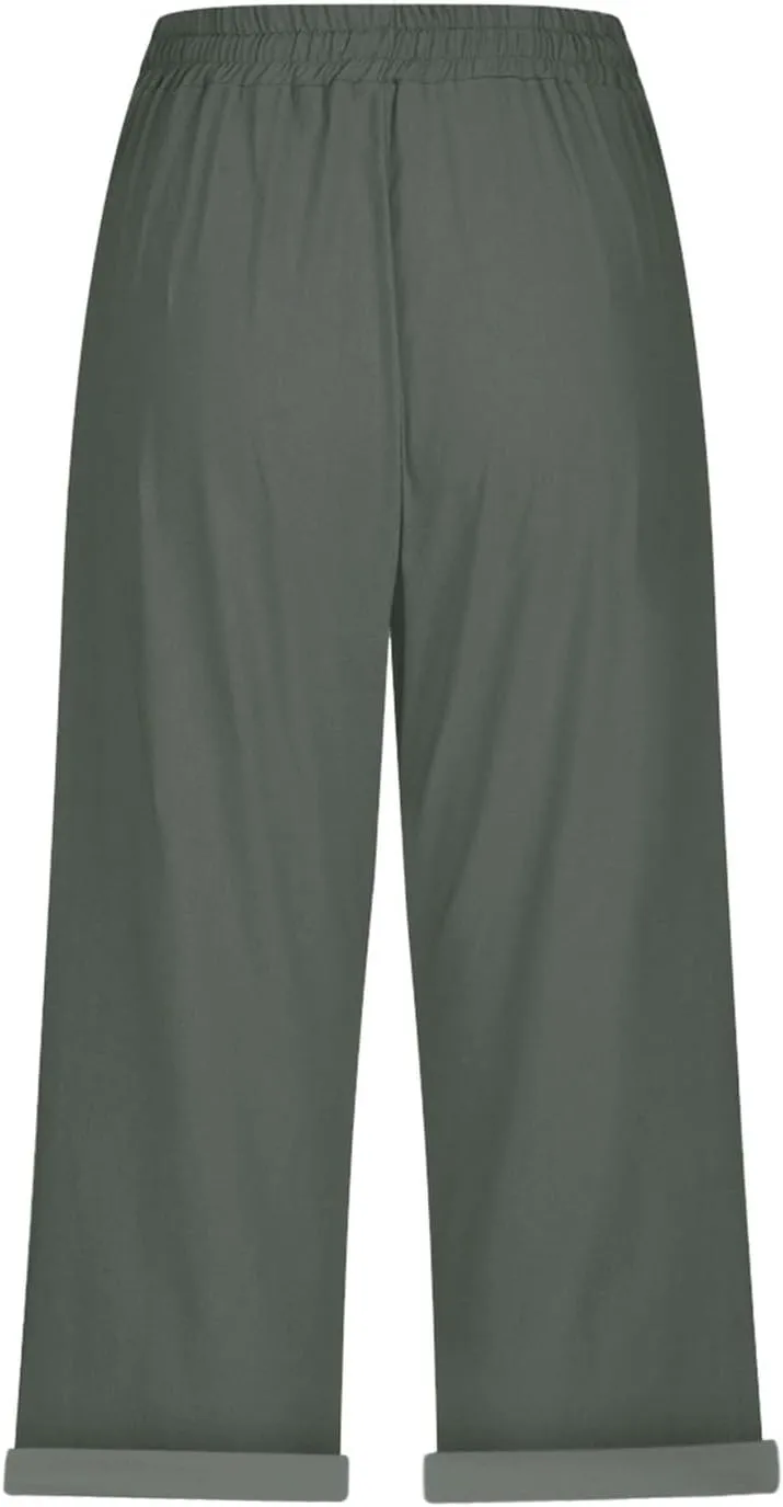 Women's Linen Capri Pants Cotton Linen Elastic Seven Pants Beach Casual Pants Linen Lightweight Loose Trousers Linen