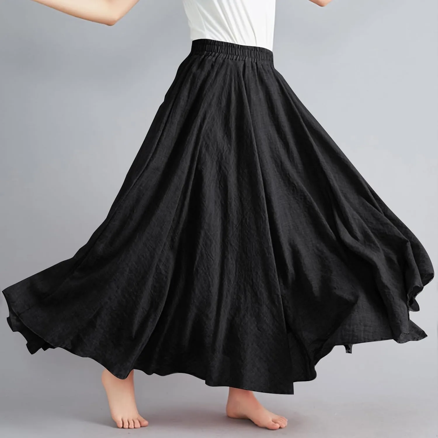 Womens Linen Maxi Skirts Solid Color Elastic Waist Pleated Beach Bohemian Long Skorts Casual Flowy Swing Maxi Skirt