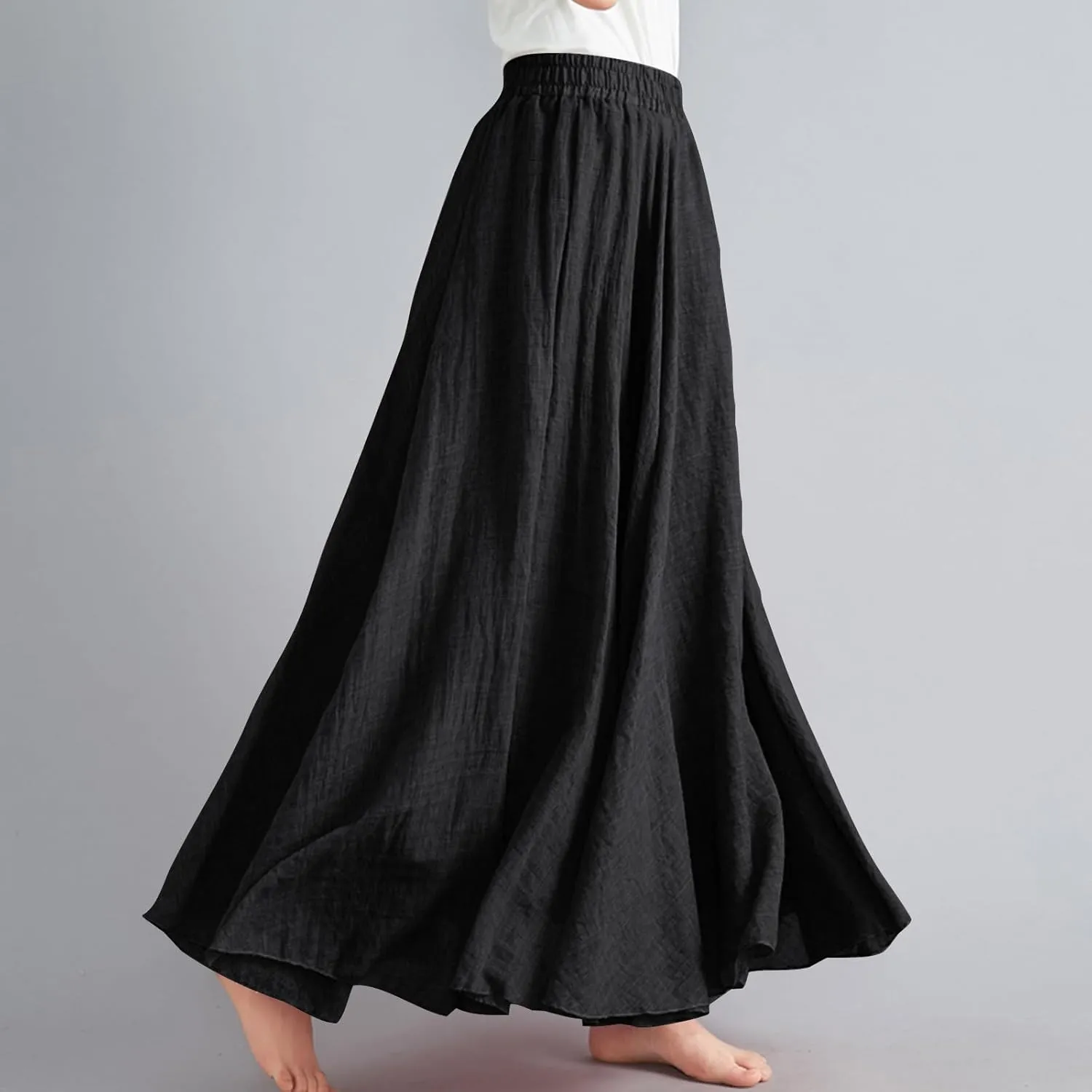 Womens Linen Maxi Skirts Solid Color Elastic Waist Pleated Beach Bohemian Long Skorts Casual Flowy Swing Maxi Skirt