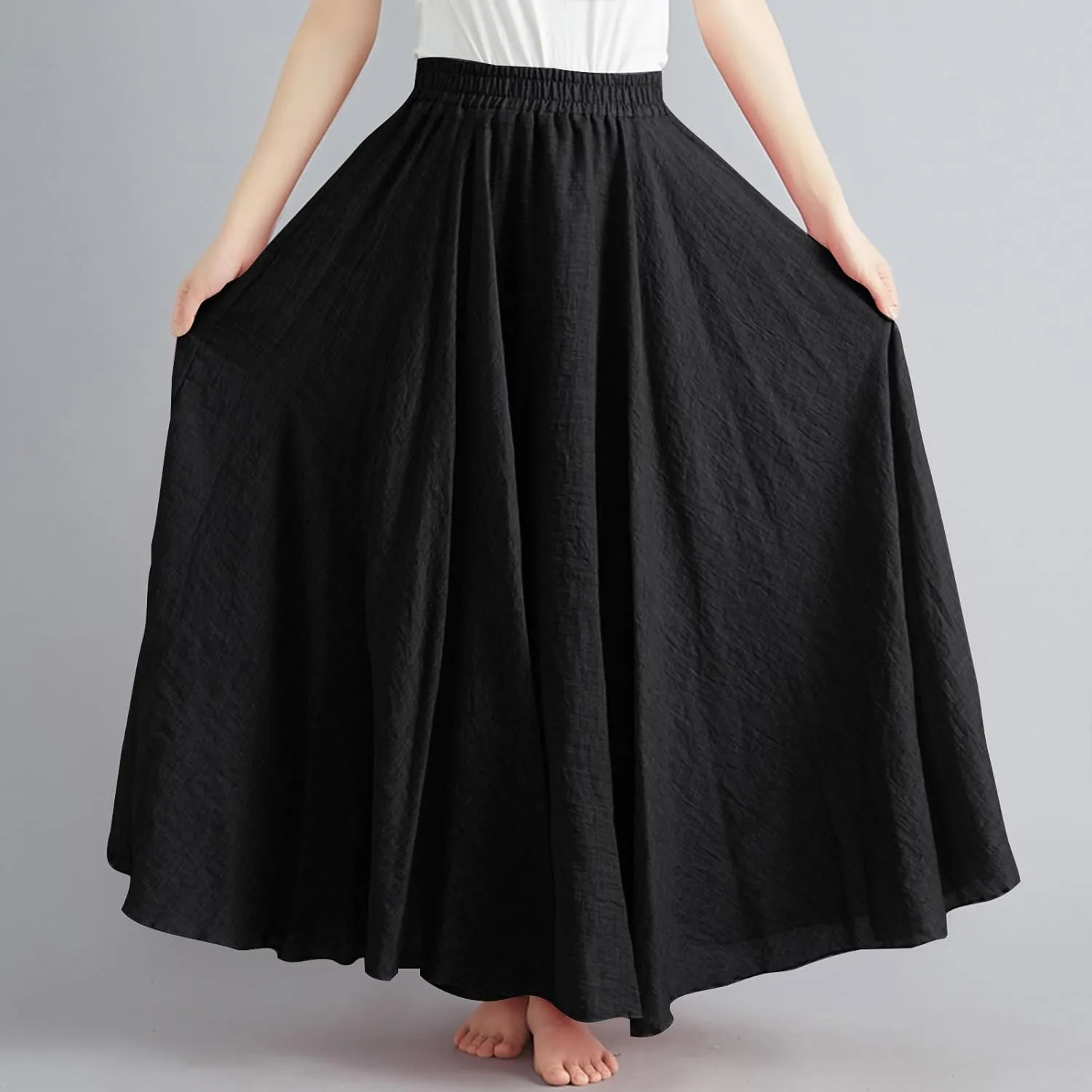 Womens Linen Maxi Skirts Solid Color Elastic Waist Pleated Beach Bohemian Long Skorts Casual Flowy Swing Maxi Skirt