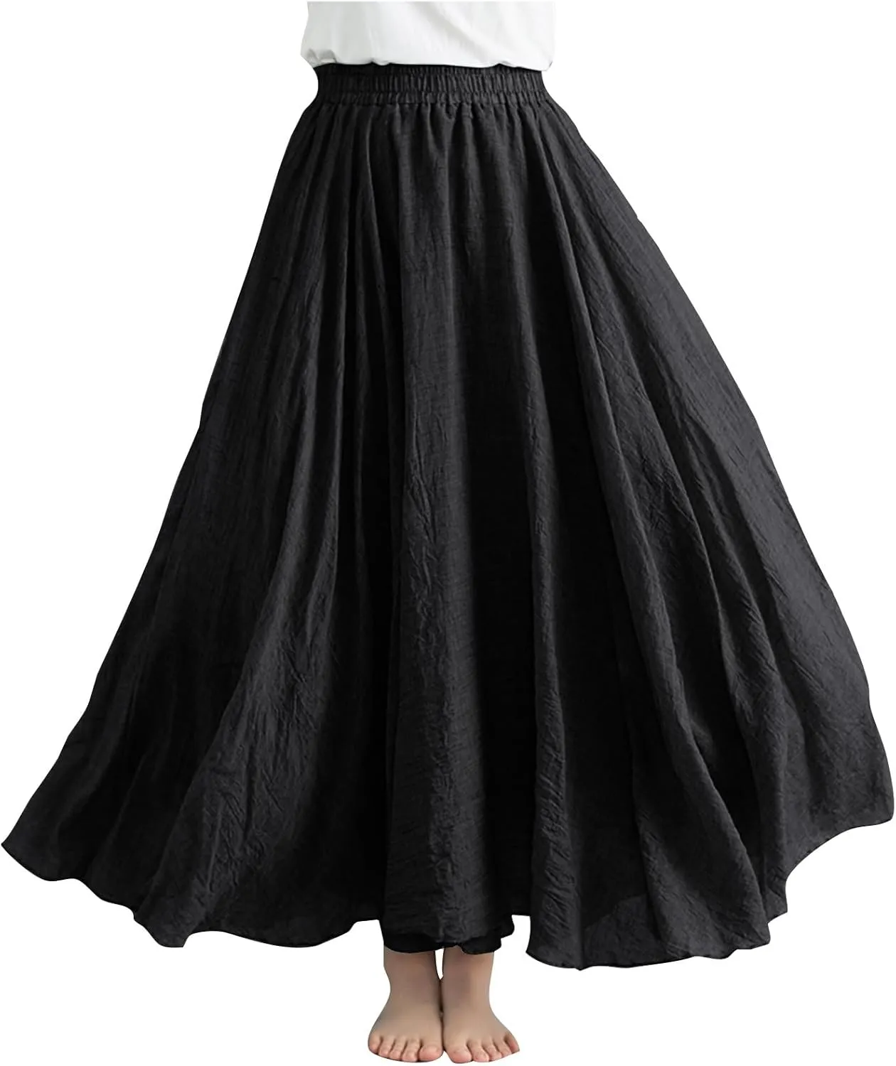 Womens Linen Maxi Skirts Solid Color Elastic Waist Pleated Beach Bohemian Long Skorts Casual Flowy Swing Maxi Skirt