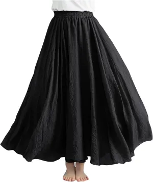 Womens Linen Maxi Skirts Solid Color Elastic Waist Pleated Beach Bohemian Long Skorts Casual Flowy Swing Maxi Skirt