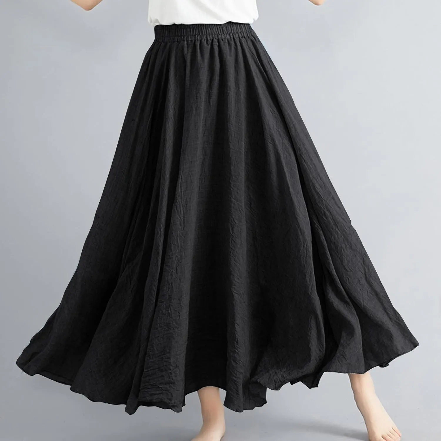 Womens Linen Maxi Skirts Solid Color Elastic Waist Pleated Beach Bohemian Long Skorts Casual Flowy Swing Maxi Skirt
