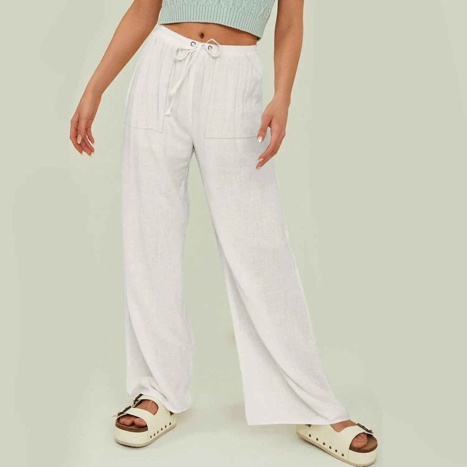 Women's Linen Pants Linen Pants Womens Leg Casual Loose Drawstring High Waist Womens Linen Pants Tall Linen Outfit Women